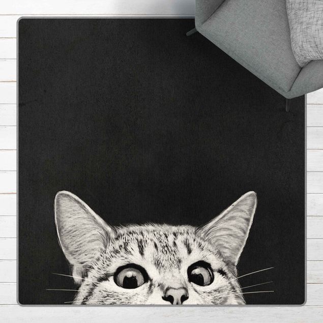 Teppich modern Illustration Katze Schwarz Weiß Zeichnung