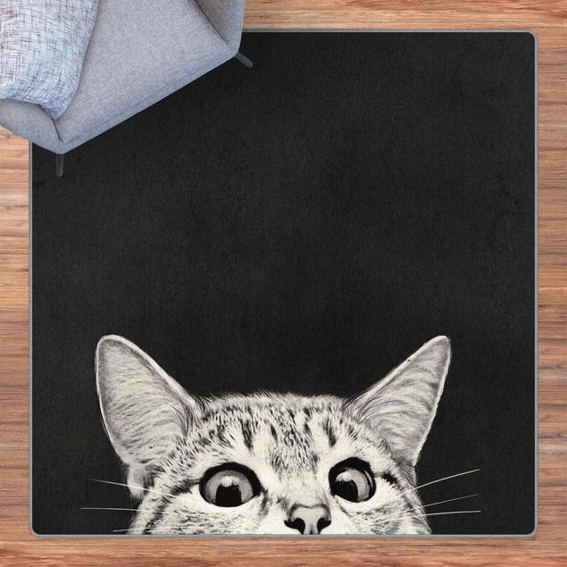 Teppich schwarz-weiß Illustration Katze Schwarz Weiß Zeichnung