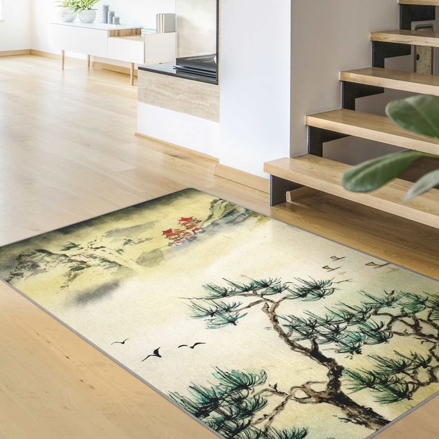 Teppiche Japanische Aquarell Zeichnung Kiefer und Bergdorf