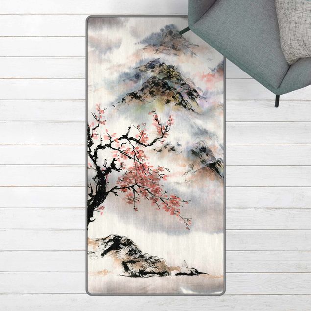 Moderner Teppich Japanische Aquarell Zeichnung Kirschbaum und Berge