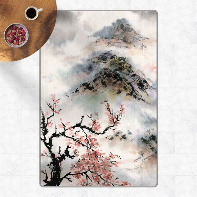 Moderner Teppich Japanische Aquarell Zeichnung Kirschbaum und Berge