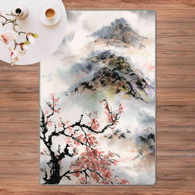Teppich Blumen Japanische Aquarell Zeichnung Kirschbaum und Berge