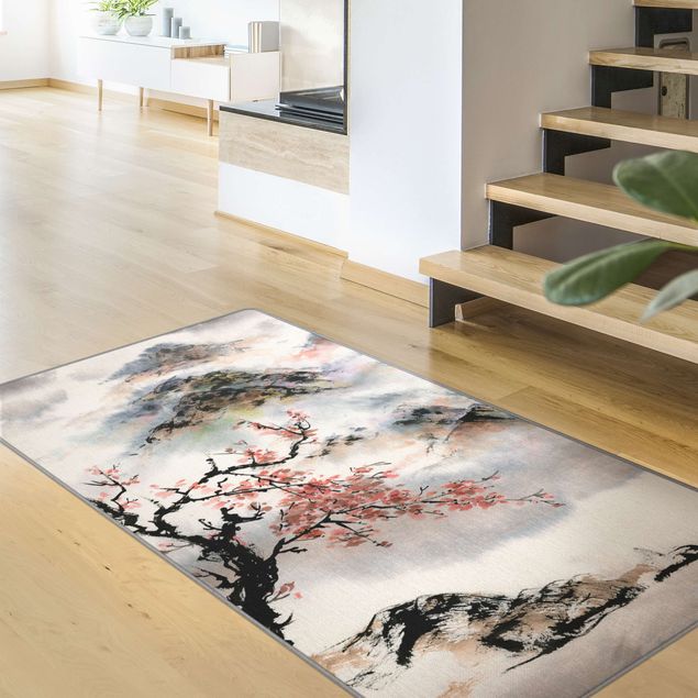 Teppiche Japanische Aquarell Zeichnung Kirschbaum und Berge