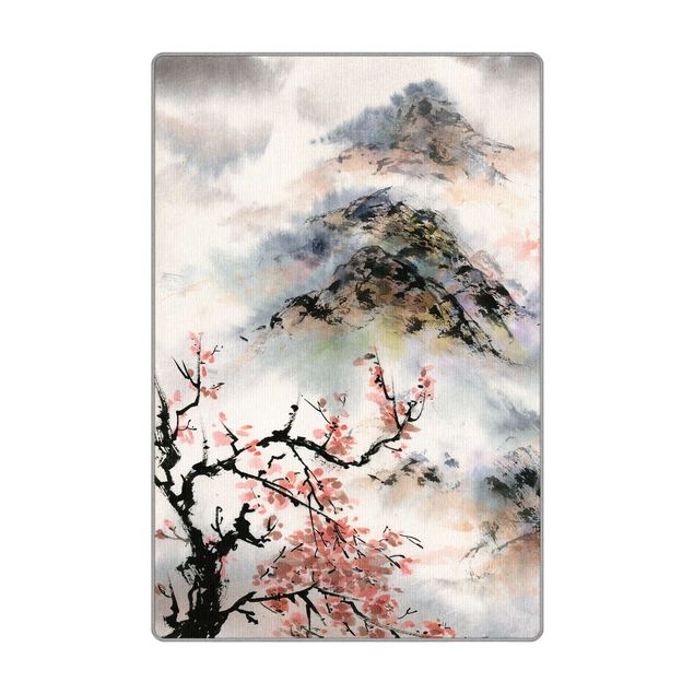 Teppich Natur Japanische Aquarell Zeichnung Kirschbaum und Berge