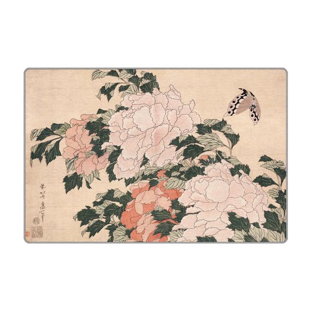 Große Teppiche Katsushika Hokusai - Rosa Pfingstrosen mit Schmetterling