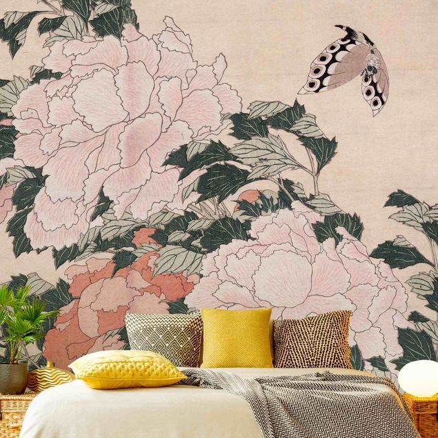 Moderne Tapeten Katsushika Hokusai - Rosa Pfingstrosen mit Schmetterling