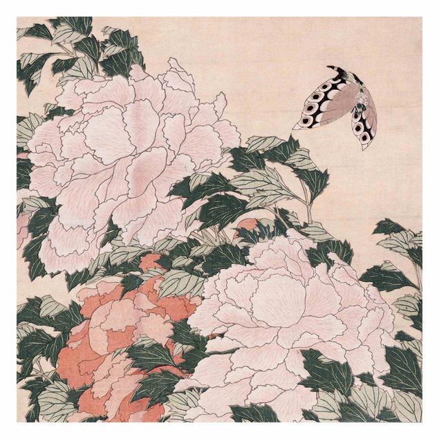Fototapete Design Katsushika Hokusai - Rosa Pfingstrosen mit Schmetterling