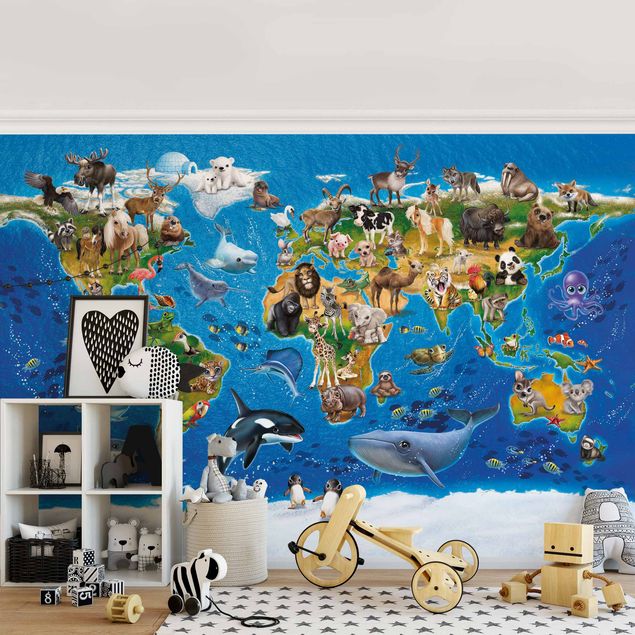 Wandtapete Weltkarte Weltkarte mit Tieren