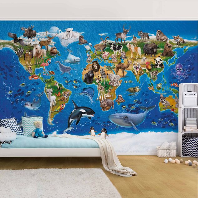 Fototapete Design Weltkarte mit Tieren