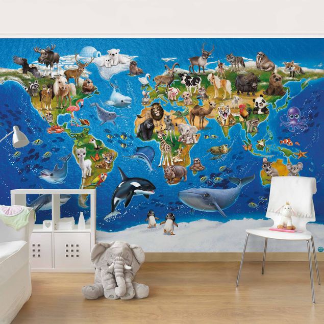 Wandtapete Tiere Weltkarte mit Tieren