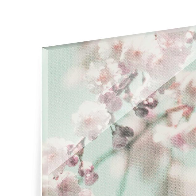 Glasbild - Kirschblütentanz auf Leinenstruktur - Panorama