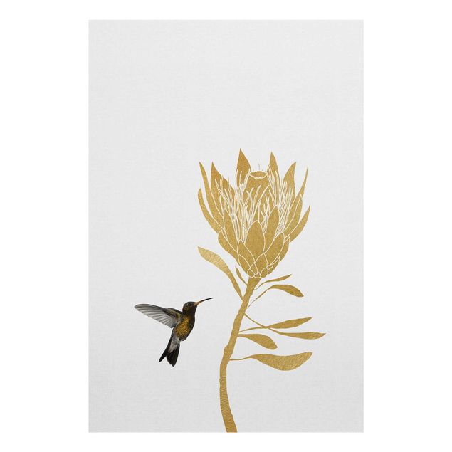 Glasbild - Kolibri und tropische goldene Blüte - Hochformat