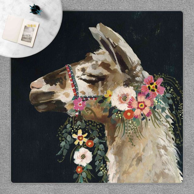Teppich schwarz Lama mit Blumenschmuck II