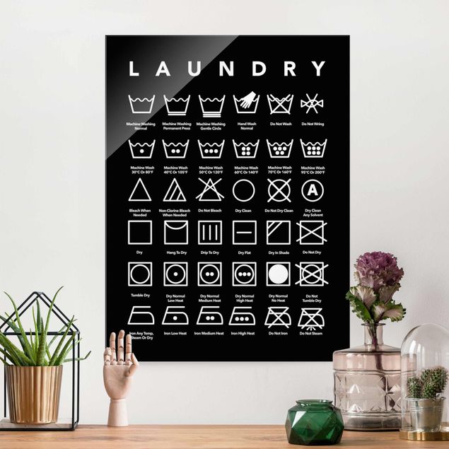 Wandbilder Glas XXL Laundry Symbole Schwarz-Weiß