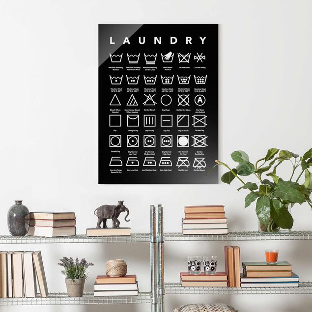 Glasbilder mit Spruch Laundry Symbole Schwarz-Weiß