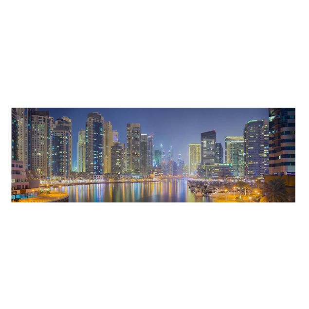 Leinwandbild - Dubai Nacht Skyline - Panorama Quer
