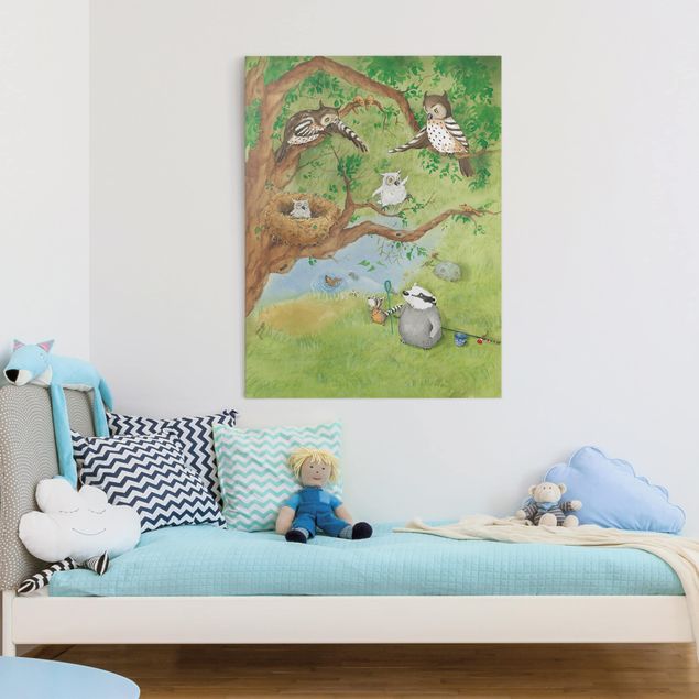 Wandbilder Tiere Wassili Waschbär - Eulenküken Elsa reißt aus