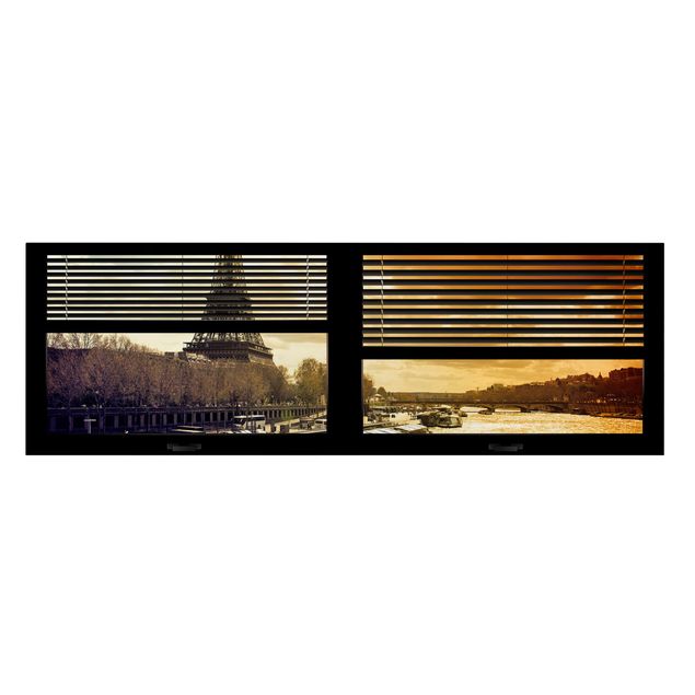 Moderne Leinwandbilder Wohnzimmer Fensterausblick Jalousie - Paris Eiffelturm Sonnenuntergang