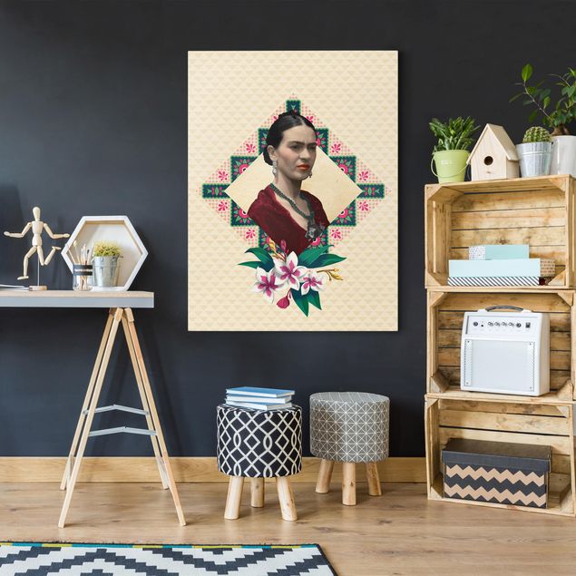 Leinwand Kunstdruck Frida Kahlo - Blumen und Geometrie