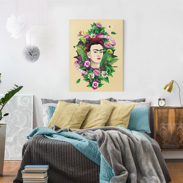 Leinwandbild Kunstdruck Frida Kahlo - Frida, Äffchen und Papagei
