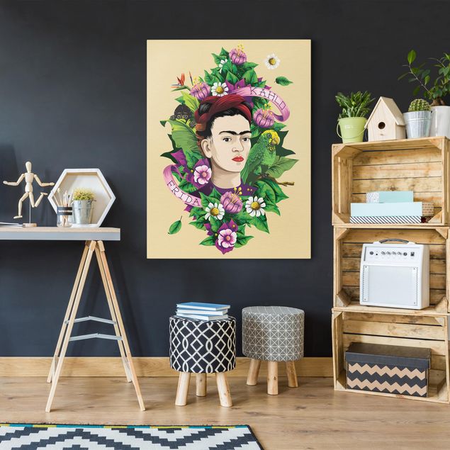 Moderne Leinwandbilder Wohnzimmer Frida Kahlo - Frida, Äffchen und Papagei