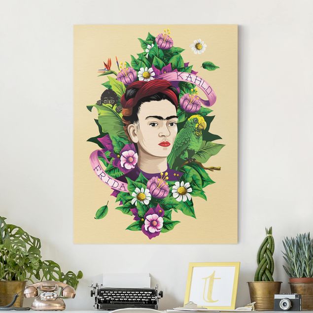 Leinwand Bilder XXL Frida Kahlo - Frida, Äffchen und Papagei