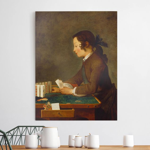 Leinwandbild - Jean-Baptiste Siméon Chardin - Junges Mädchen (junger Knabe?) baut ein Kartenhaus - Hoch 3:4