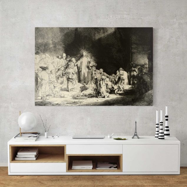 Leinwandbild Schwarz-Weiß - Rembrandt van Rijn - Christus heilt die Kranken. Das Hundertguldenblatt - Quer 3:2