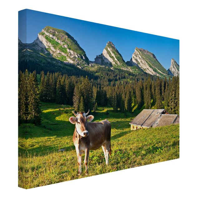 Leinwandbilder Landschaft Schweizer Almwiese mit Kuh