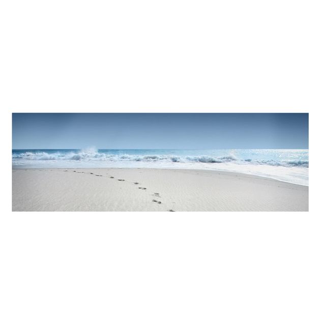 Leinwandbild Spuren im Sand - Strand Panoramabild Quer, Blau, Beige