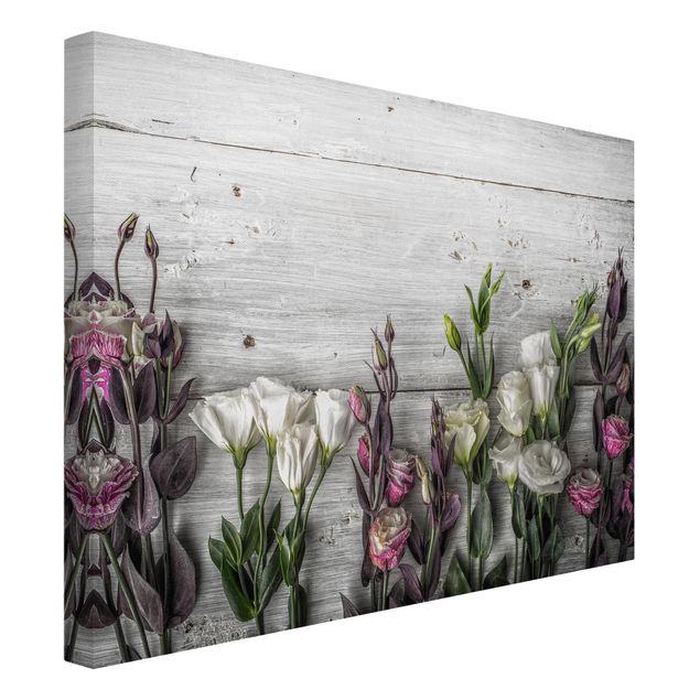 Moderne Leinwandbilder Wohnzimmer Tulpen-Rose Shabby Holzoptik