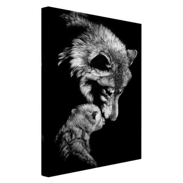 stolzer Wolf auf Stein schwarz/weiß Leinwandbild Wanddeko Kunstdruck 