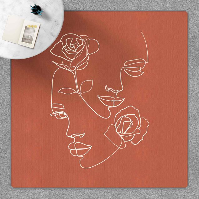 Teppich modern Line Art Gesichter Frauen Rosen Kupfer