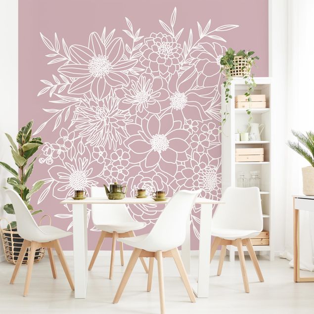 Moderne Tapeten Lineart Blumen in Altrosa