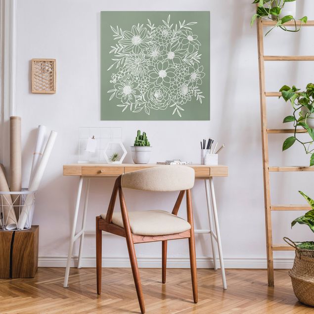 Wandbilder Wohnzimmer modern Lineart Blumen in Grün