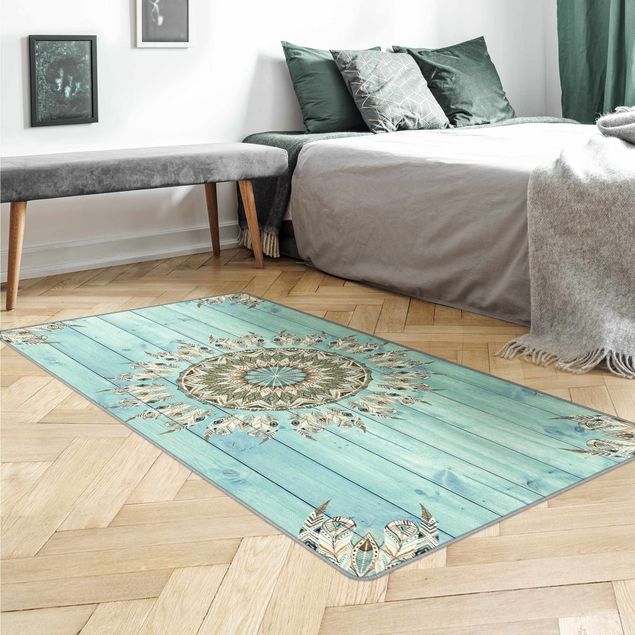 Teppiche groß Mandala Aquarell Federn blau grün auf Planke