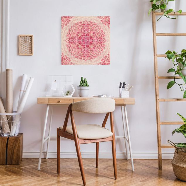 Moderne Leinwandbilder Wohnzimmer Mandala Aquarell Ornament Muster pink