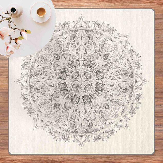 Schwarz-weißer Teppich Mandala Aquarell Ornament schwarz weiß