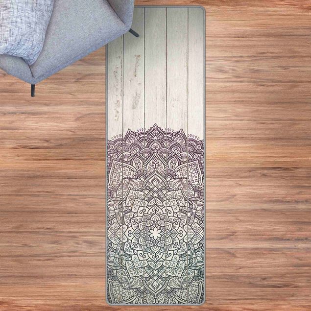 Teppich pastell Mandala Lotusblüte Holzoptik weiß