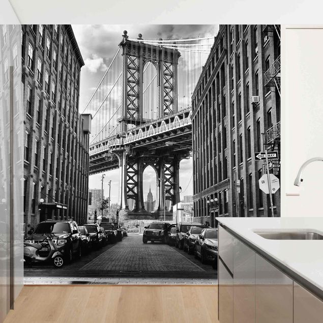 Schwarz-Weiß Tapete Manhattan Bridge in America