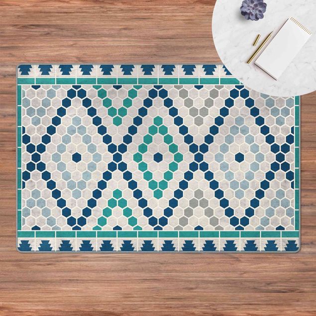 Moderner Teppich Marokkanisches Fliesenmuster Türkis Blau
