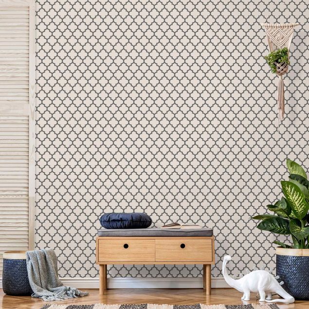 Geometrische Tapete Marokkanisches Muster mit Ornamenten Grau