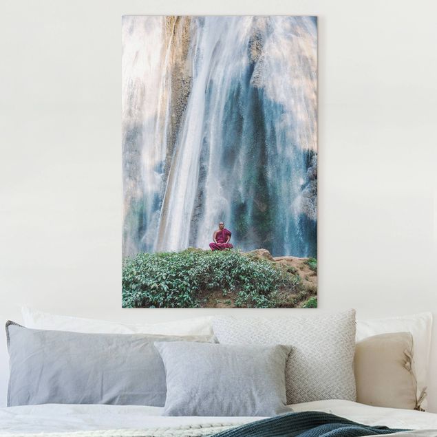 Leinwand Bilder XXL Mönch am Wasserfall