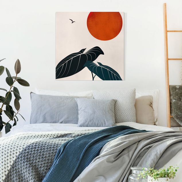 Wandbilder Vögel Nachttraum - Pflanze und rote Sonne