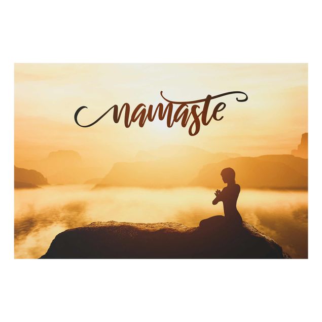 Glas Wandbilder Namaste Sonnenaufgang im Gebirge