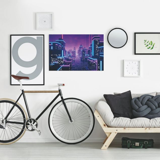 Moderne Leinwandbilder Wohnzimmer Neon Stadtlichter
