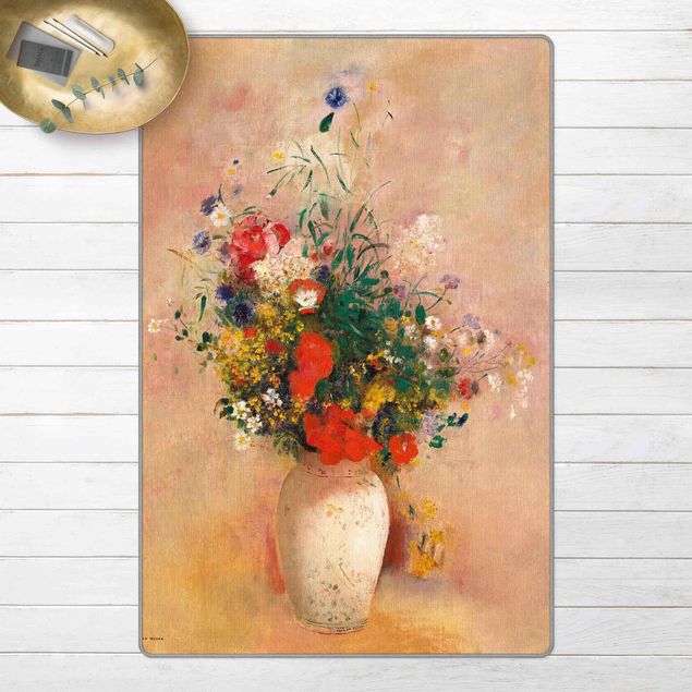 Moderne Teppiche Odilon Redon - Vase mit Blumen (rosenfarbener Hintergrund)