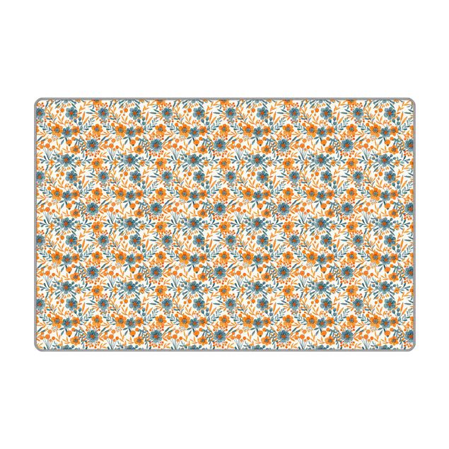 Teppiche groß Orange Blaue Blüten auf Weiß