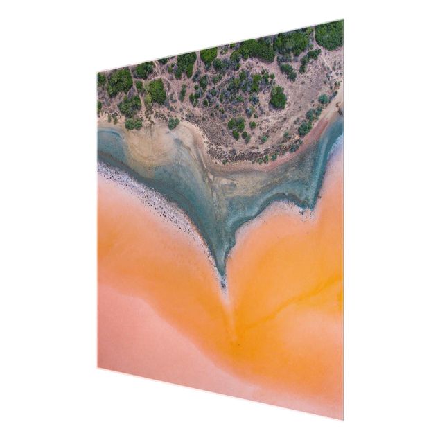 Glas Wandbilder Oranges Seeufer auf Sardinien