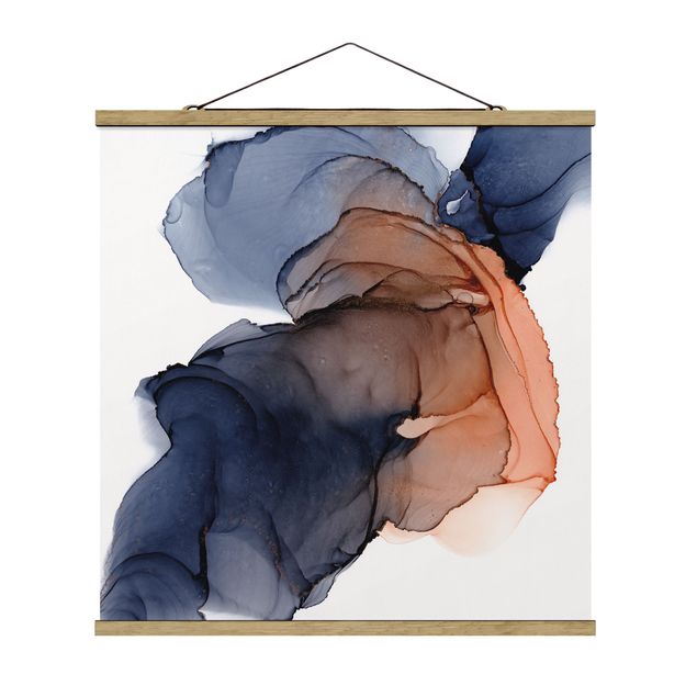 Stoffbild mit Posterleisten - Ozeantropfen Blau-Orange mit Gold - Quadrat 1:1
